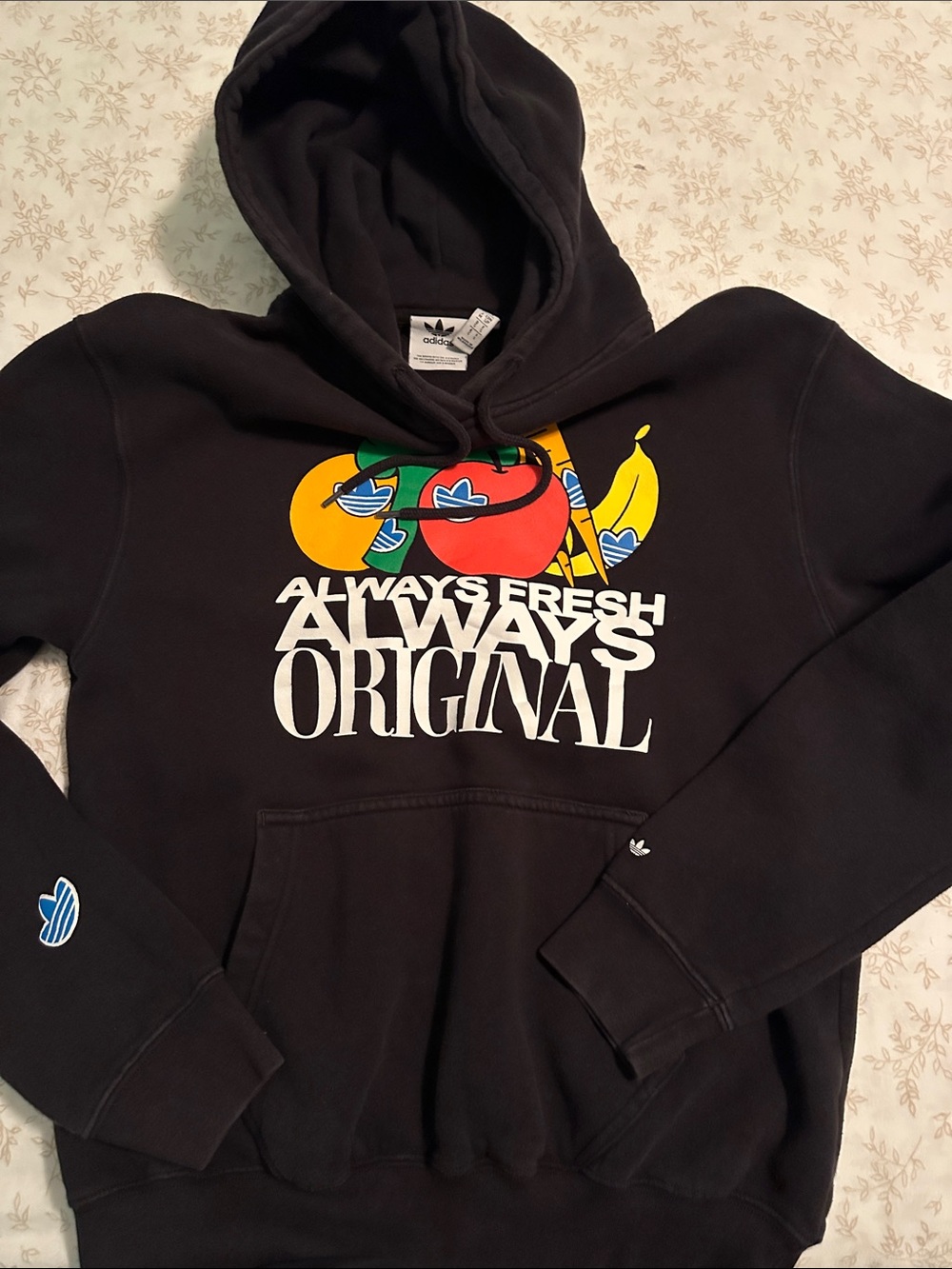 adidas Originals Black Crewneck Hoodie with Colorful Fruit Graphic